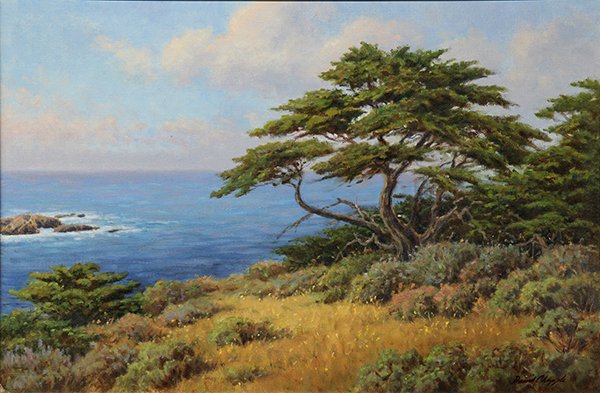 Painting, David Chapple, Monterey Cypress: David Chapple (American, b. 1947), Monterey Cypress, oil on masonite, signed lower right, board: 20"h x 30"w, overall (with frame): 27.5"h x 37.75"w