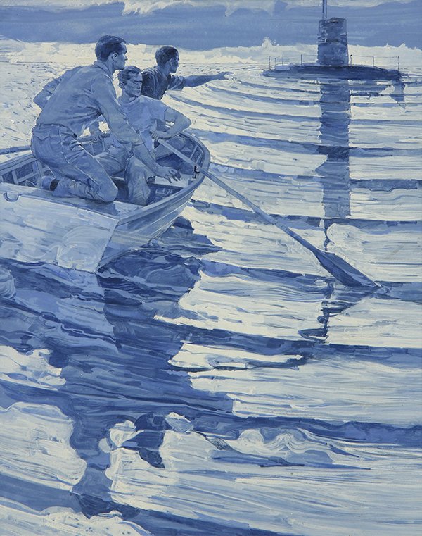 Painting illustration by Kenneth Riley: Kenneth Pauling Riley (American, b. 1919), "Suddenly the Sub Surfaced, Her Conning Tower Dark Against the Sky (illustration for "The U-19's Last Kill" by Jack Finney - The Saturday Evening Post, Augus