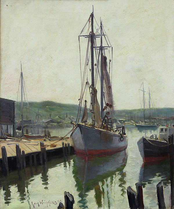 Painting, Guy C. Wiggins, Stony Lyme, Connecticut: Guy Carleton Wiggins (American, 1883-1961), "Stony Lyme, Connecticut," oil on canvas, signed lower left, titled and signed verso, canvas: 24"h x 20"w, overall (with frame): 31.25"h x 27.25"w