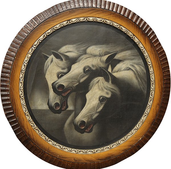 Painting, Attrib. John Frederick Herring the Elder: Attributed to John Frederick Herring the Elder (British, 1795-1865), Portrait of Three Horses, oil on board, unsigned, artist bio affixed verso, canvas (circular): 24''h x 24''w, overall (with frame):
