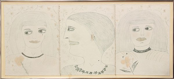 Mixed media on canvas, Lee Godie: Lee Godie (American, 1908-1994), Untitled (Three Heads), mixed media on canvas, unsigned, canvas: 17.75''h x 41.25''w, overall (with frame): 19.75''h x 43.25''w. Provenance: The David C. and Sarajean 