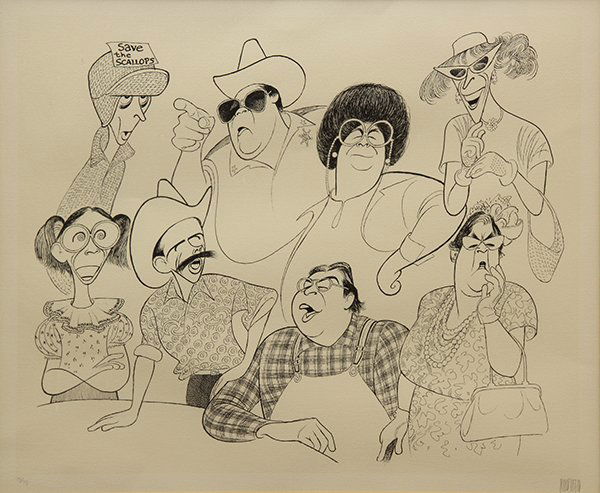 Print, Al Hirschfeld, The Greater Tuna: Al Hirschfeld (American, 1903-2003), "The Greater Tuna," lithograph, pencil signed lower right, edition 75/75, sight: 18.5"h x 22.25"w, overall (with frame): 28"h x 31.5"w
