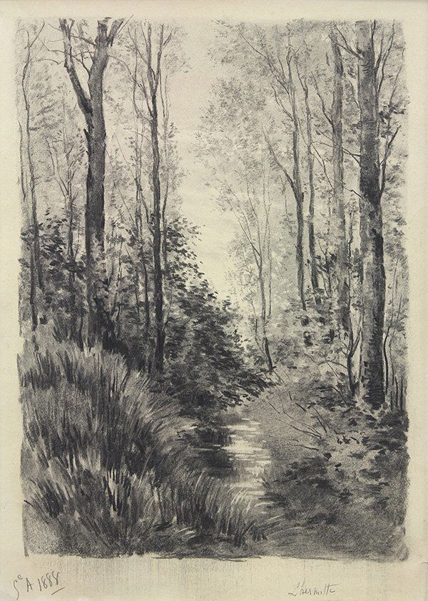 Drawing, Leon Augustin L'Hermitte, Forest Landscape: Leon Augustin L'Hermitte (French, 1844-1925), Forest Landscape (des Paysages Forest, ers), 1888, charcoal drawing, signed lower right, dated lower left, sheet: 18.5"h x 14"w, overall (with mat): 23.5"