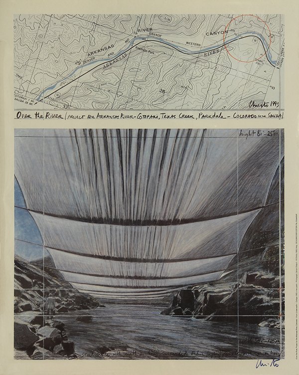 Print, Christo and Jeanne-Claude: Christo and Jeanne-Claude (American, b 1935), "Over the River, Project from the Arkansas River, From Underneath" 1993, offset color lithograph, signed in blue crayon lower right, published by Schumach