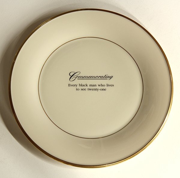 Plate, Carrie Mae Weems, Commemorating Every Black Man: Carrie Mae Weems (American, b. 1953) , "Commemorating Every Black Man Who Lives to See Twenty-One,"1992, glaze and gold paint on Lenox porcelain plate, signed verso, from an edition of 100, overall: 1