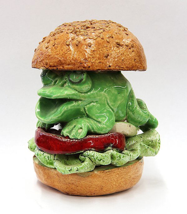 Sculpture by David James Gilhooly: David James Gilhooly (American, b. 1943), Untitled (Frog Hamburger), 1979, glazed ceramic sculpture, signed and dated bottom, overall: 5"h x 4"w x 4"d