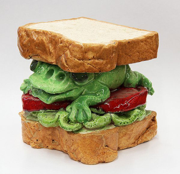 Sculpture by David James Gilhooly: David James Gilhooly (American, b. 1943), Untitled (Frog Sandwich), glazed ceramic sculpture, signed (under top bread slice), overall: 4.5"h x 4.75"w x 4.75"d
