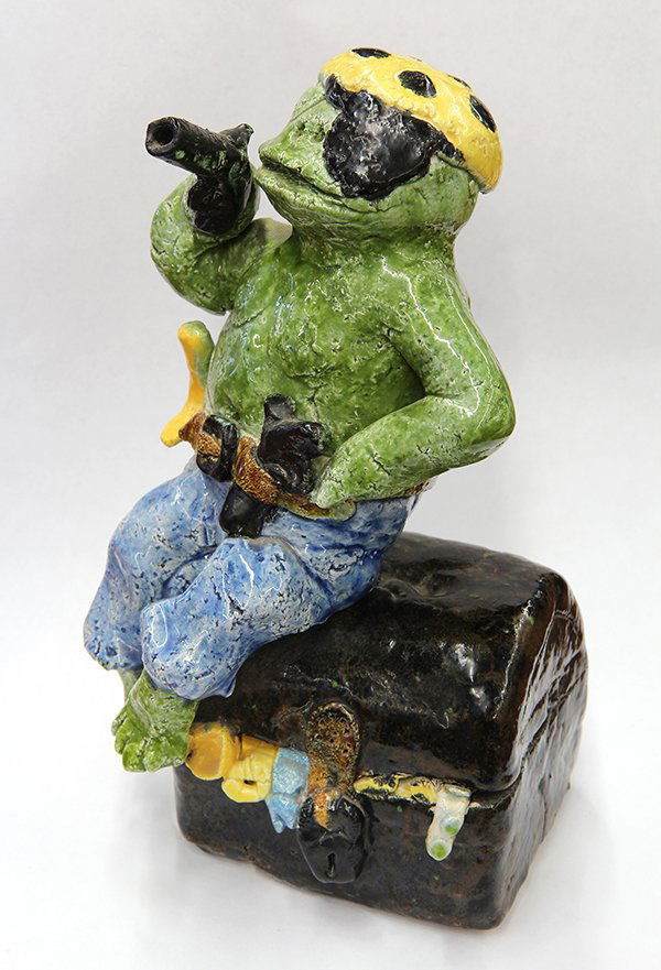 Sculpture by David James Gilhooly: David James Gilhooly (American, b. 1943), Untitled (Pirate Frog), 1970, glazed ceramic sculpture, signed and dated bottom, overall: 9.5"h x 5.5"w x 4.5"d