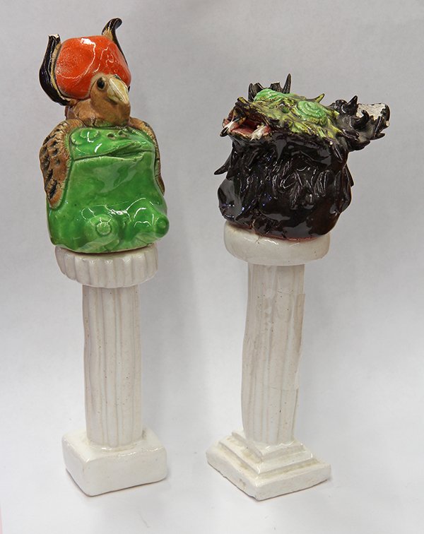 Scuiilpture by David James Gilhooly: (lot of 2) David James Gilhooly (American, b. 1943), "Wolffrog" & "Hathor," 1971, glazed ceramic sculptures, both titled, signed and dated bottom, overalls (each): 7.5"h x 3"w x 2.75"d/8.5"h x 2.75"w