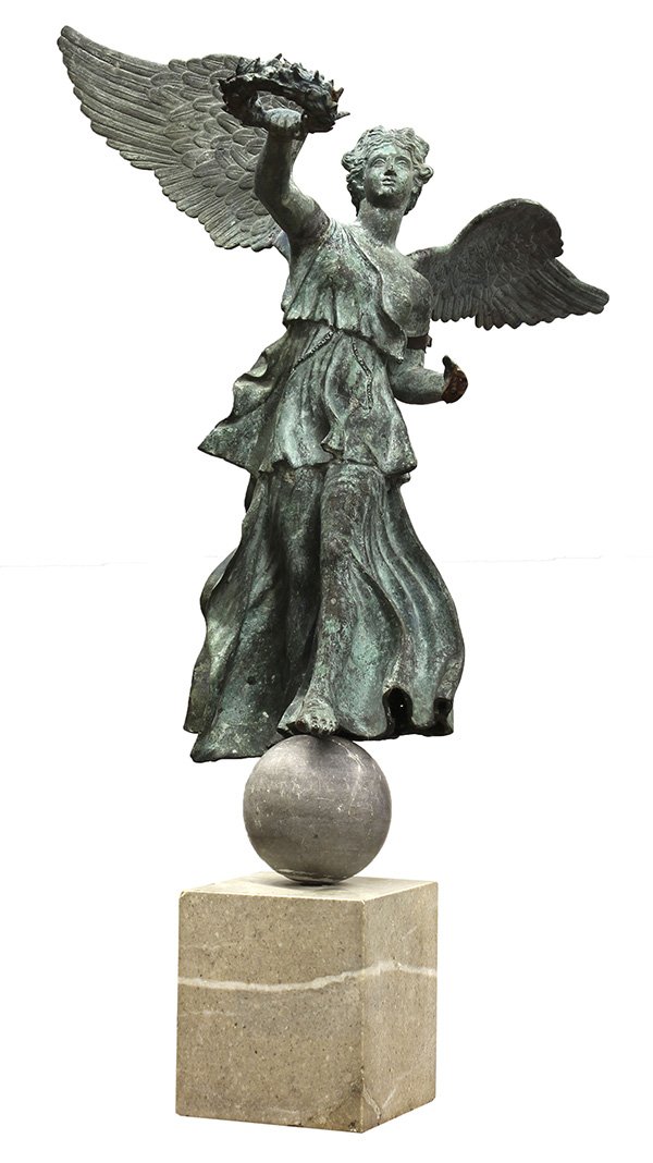 Sculpture, Continental School (19th c.), Winged: Continental School (19th century), Winged Classical Figure, bronze statuary mounted on marble ball on marble base, unsigned, overall (with base): 36.5"h x 21.5"w x 21"d