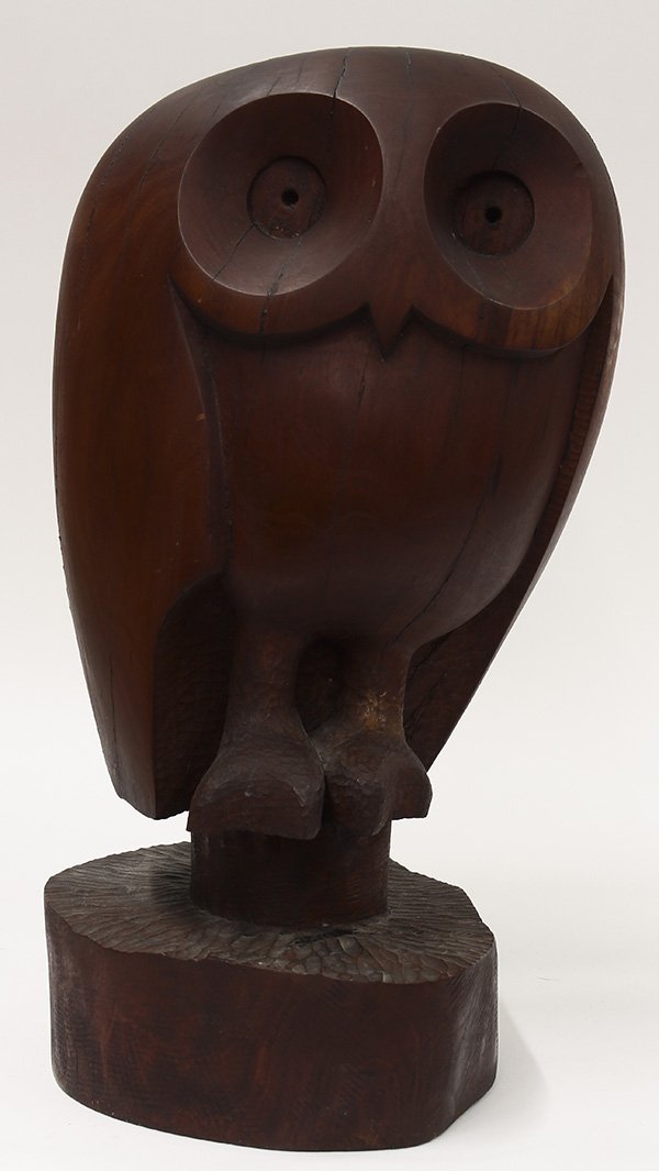 Sculpture, Bunni Sovetski: Bunni Sovetski (American, b. 1909), Owl, wood sculpture, signed back of base, overall: 18''h x 9.5''w x 11''d. Provenance: The David C. and Sarajean Ruttenberg Collection (Chicago, IL)
