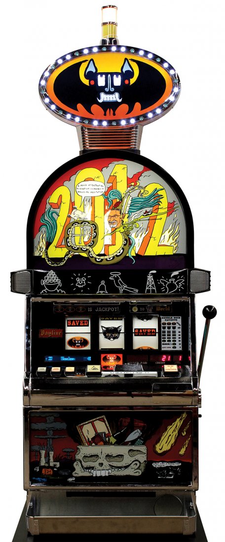Enrique Chagoya (American/Mexican, b: Enrique Chagoya (American/Mexican, b. 1953), "2012: Super Bato Saves the World," 2009, marker screenprint and digital print on customized slot machine with 500 minted coins and one signed payout cup,