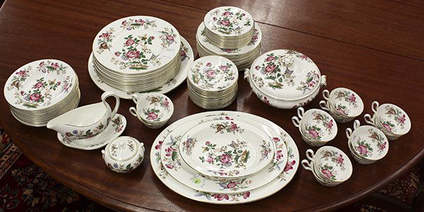 (lot of 55) Wedgwood table service for twelve in the: (lot of 55) Wedgwood table service for twelve in the "Charnwood" pattern, consisting of dinner plates, salad plates, soup bowls, tea cups and saucers, gravy boat, sugar, serving tureen, vegetable serv