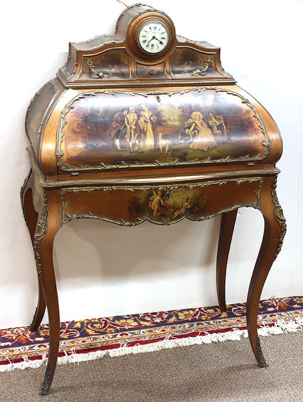 Louis XV style ormolu mounted bureau de dame, first: Louis XV style ormolu mounted bureau de dame, first quarter 20th century, having a superstructure surmounted with an electrified central clock having an enamel dial, signed "Laroy, Paris" above the Ve