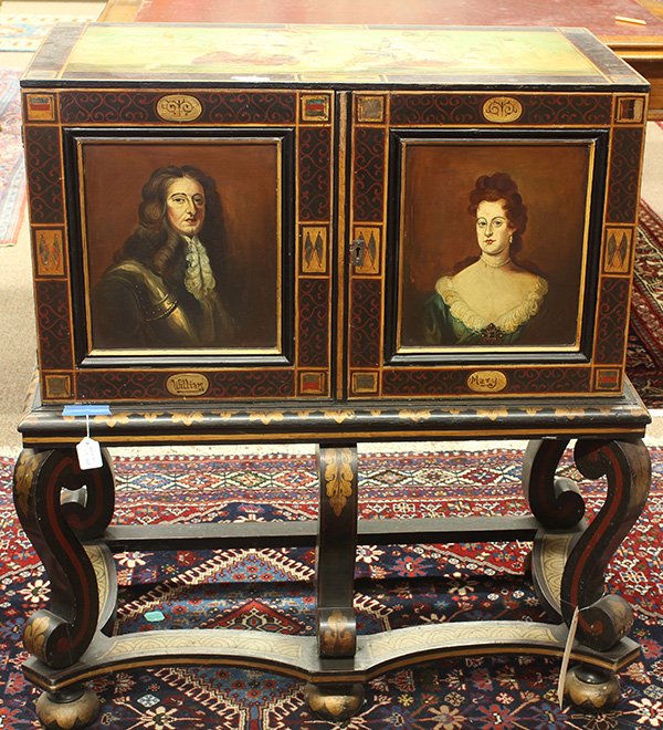 English partial gilt and polychrome decorated captains: English partial gilt and polychrome decorated captains chest on stand, circa 1900, the rectangular top decorated with ships at sea, above the two door case decorated with portraits of the Royal Couple