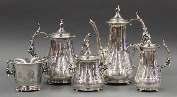 American Neo-Renaissance Gorham coin silver five piece: American Neo-Renaissance Gorham coin silver five piece hot beverage service, by John William Tucker, San Francisco, CA, 1850-1886, consisting of a coffee pot, teapot, cold milk pitcher, sugar basin, a