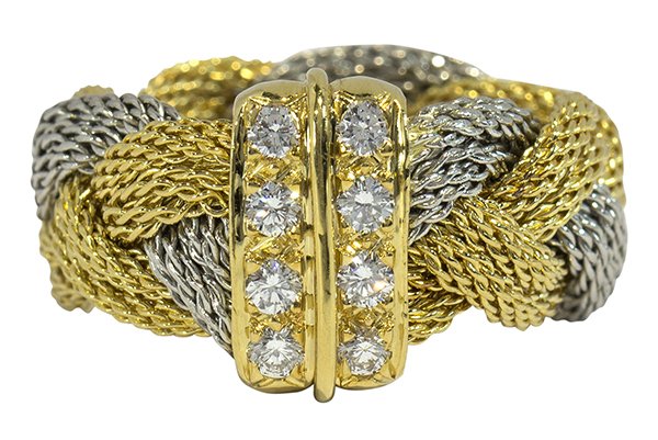Henry Dunay diamond, platinum and yellow gold ring: Henry Dunay diamond, platinum and 18k yellow gold ring featuring eight full cut diamonds weighing a total of approximately 0.36 ct., set in a mesh braided design mounting, signed Dunay, Plat 18k, size