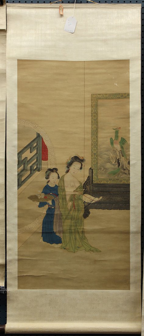 Chinese Scroll, Nude Beauty: Anonymous (Chinese, late Qing dynasty), Beauty in Green Robe in front of Peacock Screen, ink and color on paper, painting: 39"h x 18"w, overall (scroll): 55"h x 21.5"w