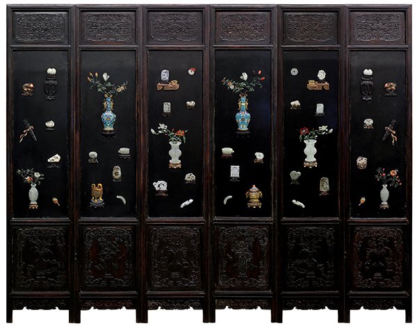 Chinese Inlaid Six Panel Wood Screen: Chinese inlaid lacquered six panel wood screen, late Qing/early Republic period, featuring bouquets of flowers and various scholars items executed in jade and various colored stones, wood and cloisonn