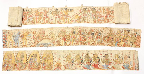 Indonesian Textile Panels, 19c: (lot of 3) Indonesian Wayang Kulit textile panels, 19th century, painted with narrative scenes, one long and two shorter fragments, 8.5"h