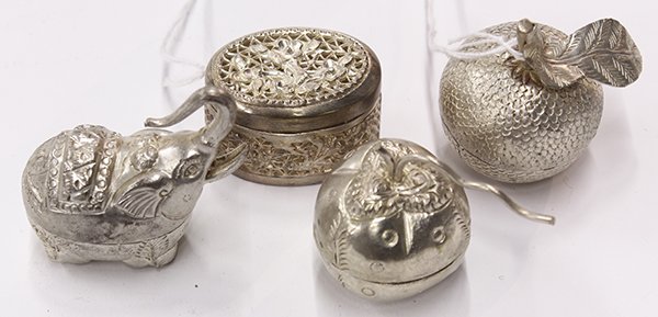 Cambodian and Thai Silver Boxes: (lot of 4) Three Cambodian small silver boxes, two fruits, one elephant and one Thai oblong box with openwork, largest: 2.25"h