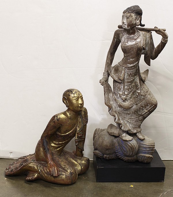 Two Burmese Wood Figures, Monk/Dancer: (lot of 2) Burmese wooden figures, the first a gilt and lacquered wooden kneeling monk, Mandalay period, with jeweled arm band and hem line; together with a dancer carrying a rod, 18th/19th century, w