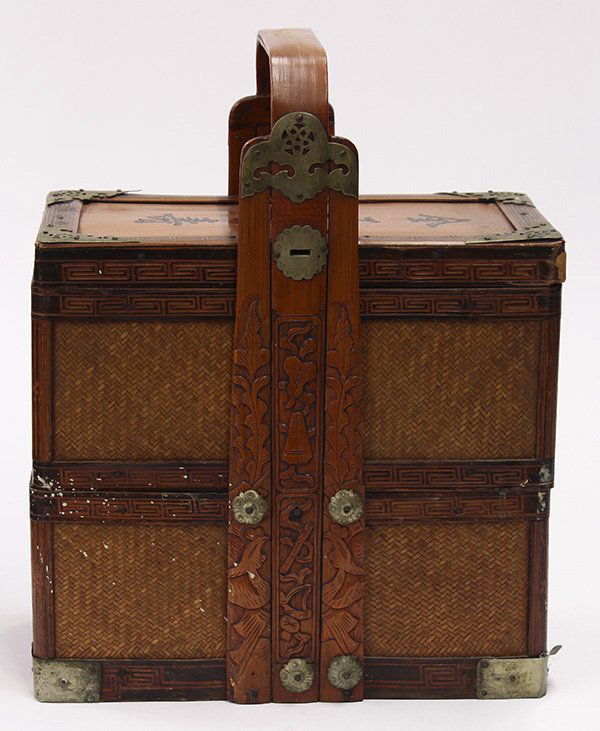 Chinese Bamboo Food Basket: Chinese bamboo food basket, two-tier rectangle form, with brass corner fittings and a handle with carvings on sides, marked 'jin shi chang shou' in Chinese character, 16"h x 12.5"w x 7.5"d