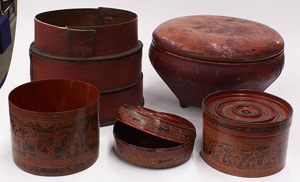Indonesia Basket and Burmese Lacquered Box: (lot of 4) Asian red lacquer boxes: Indonesian Chinese-style three-tiered lacquered wicker cylindrical food basket, circa 1900; two pairs of Burmese lacquered betel nut box, 20th century; Burmese red 