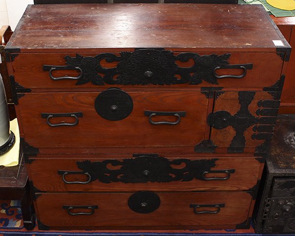 Japanese Two Section Clothing Tansu Chests: Japanese two section reddish brown isho-dansu (clothing chest): one section with two drawers, another with two drawers and lower right with a hinged door covering two small drawers, accented with iron