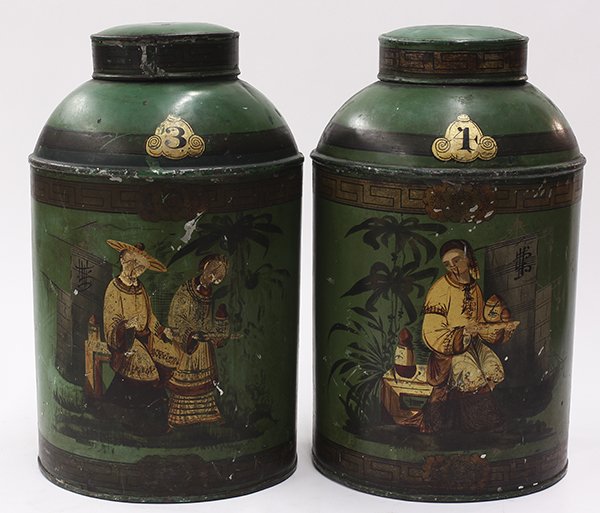 Pair of Chinoiserie tole decorated tin tea canisters: Pair of Chinoiserie tole decorated tin tea canisters, second half 19th century, each having a green body with gilt accents centered by a scenic reserve depicting countrymen carrying tea, 18"h
