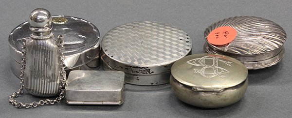 Sterling silver pill boxes, consisting of one: (lot of 6) Sterling silver pill boxes, consisting of one .830 hammered example, another of round form marked "ARG.", a third decorated with a pair of ducks and having Chinese export studio marks, and 