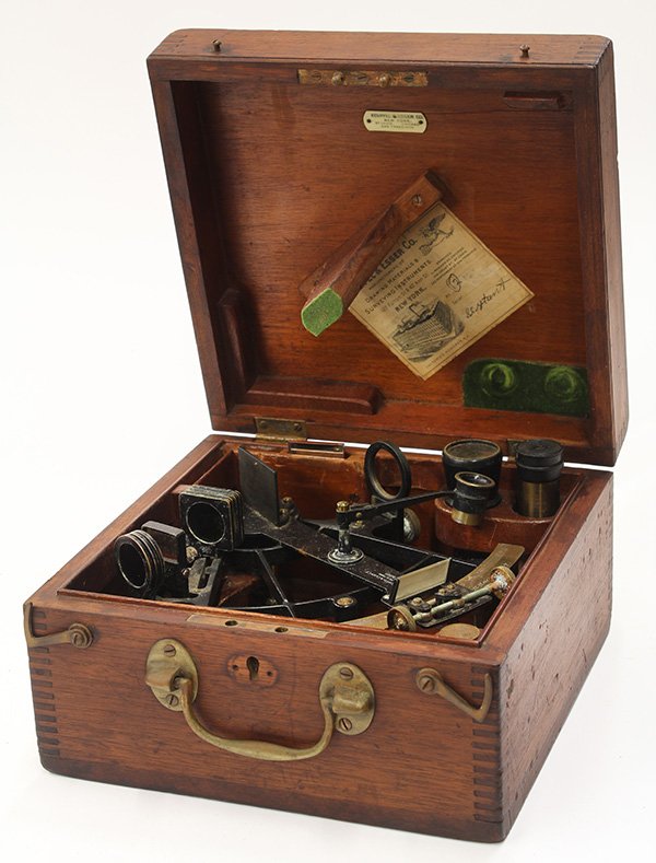 Keuffel & Esser Co sextant: Keuffel & Esser Co sextant, a handheld navigation instrument executed in cast iron and brass and cased in a wood box with a brass plaque engraved 'US #350,; 5.5"h 10"sq