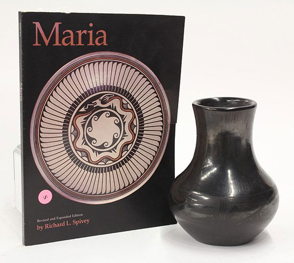 Maria and Santana San Ildefonso blackware vase: Maria and Santana San Ildefonso blackware vase, decorated with repeating geometric reserves, 7.5"h; together with "Maria", by Richard L. Spivey, 1979 (second edition)