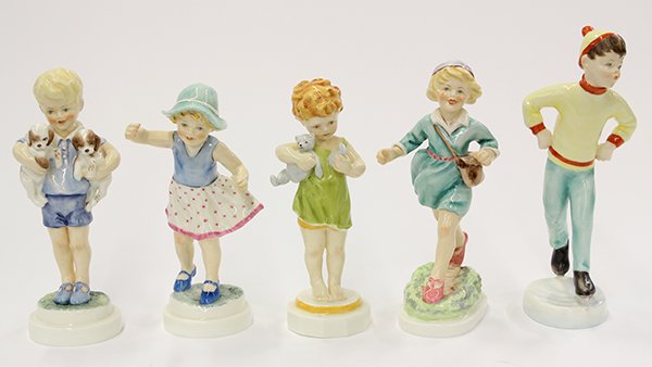 Royal Worcester porcelain figurines of children: (lot of 5) Royal Worcester porcelain figurines of children depicting days of the week, tallest: 8"h