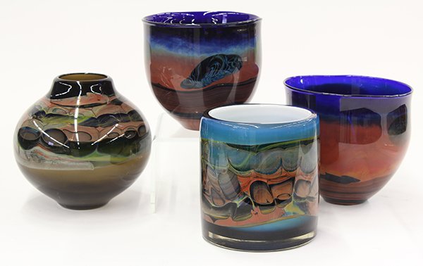 Art glass vases: (lot of 4) Art glass consisting of two tapering cased cobalt bowls depicting an abstract solar landscape, bases signed Lewis; together with a cylindrical and ovoid vases by Brent Kee Young from his Fo