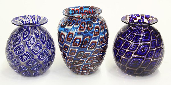 Art glass vases by Michael Nourot (American b: (lot of 3) Art glass vases by Michael Nourot (American b.1949), executed 1979-1982, each vase of bulbous form, having repeating geometric patterns executed in the Venetian murrini technique, in multip