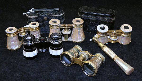 Vintage mother of pearl opera glasses: (lot of 7) Vintage mother of pearl opera glasses including three by Le Maire, together with two leather cases