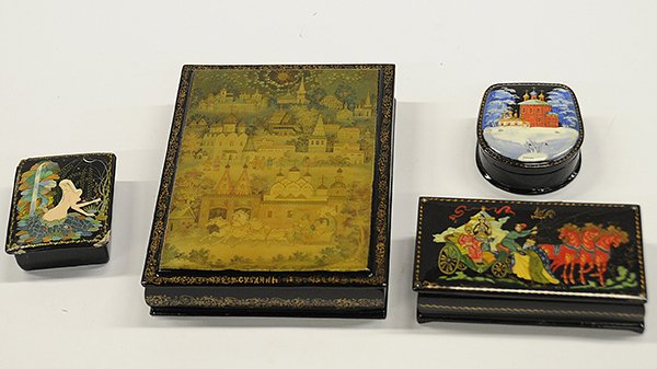 Russian style ebonized wood boxes: (lot of 6) Russian lacquer boxes, each having an enamel decorated lid, depicting various images including genre scenes, 3"h x 9.5"w x 4.5"d