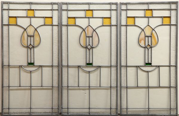 Pop art style stained glass windows: (lot of 6) Pop art style stained glass windows, having repeating geometric patterns executed in various primary colors including red, yellow, blue and white, largest: 34"h x 31"w; together with three