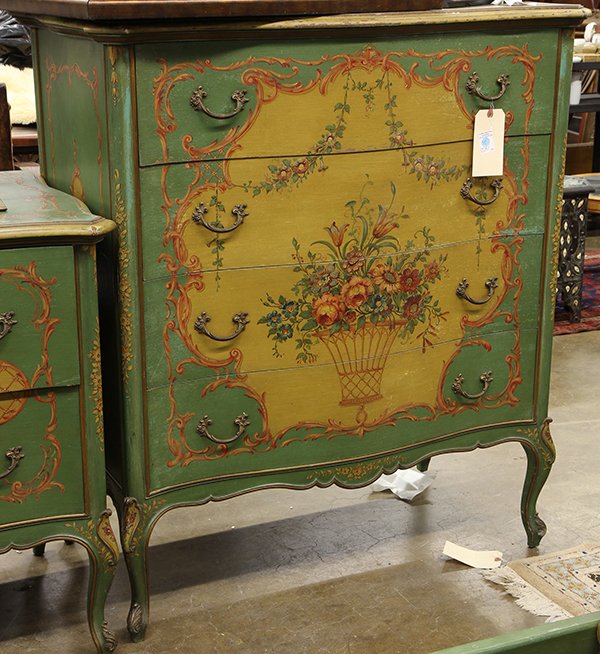(lot of 7) Louis XVI style bedroom suite, circa 1930,: (lot of 7) Louis XVI style bedroom suite, circa 1930, executed in paint decorated wood and brass, consisiting of (2) twin beds with ornate Rococo style headboards and footboards, a chest of four drawe