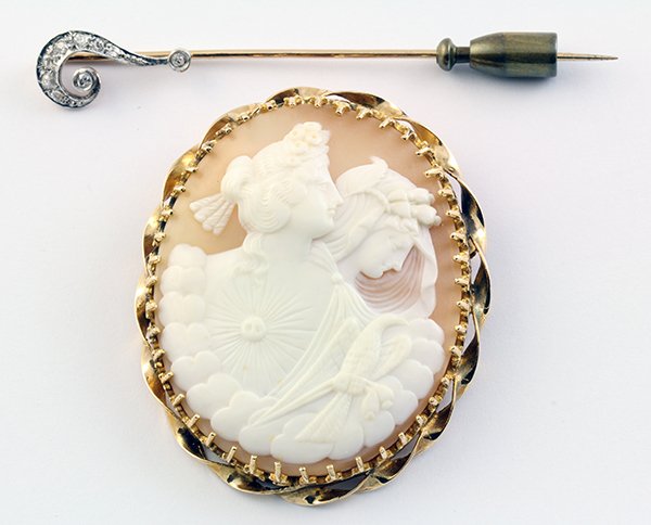 (Lot of 2) Shell cameo pendant-brooch and Victorian: (Lot of 2) Shell cameo pendant-brooch and Victorian stick pin including one shell cameo and 10k yellow gold pendant-brooch, 2" X 1 3/4", very good detail, together with one Victorian platinum and 14k 