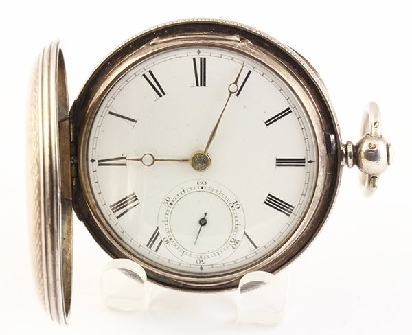 Sterling silver keywind hunting case pocket watch,: Sterling silver keywind hunting case pocket watch, English, Circa 1860 Having a pocelain dial, Roman numerals, sunken sub dial, gilded moon hands, keywind chain driven fusee movement, #17070, engined 