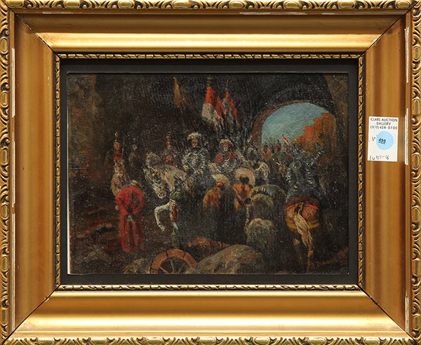 Painting, Continental School (18th c.), Battle: Continental School (18th century) Battle Procession, oil on board, signed "A. Bollmann" lower right, overall (with frame): 13.75"h x 16.5"w