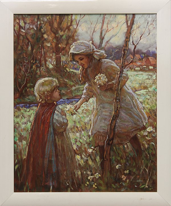 Painting, Nan Sheng Liu, Children Picking Flowers: Nan Sheng Liu (Chinese, 20th century), Children Picking Flowers, oil on canvas, signed lower right, overall (with frame): 22.75"h x 19"w