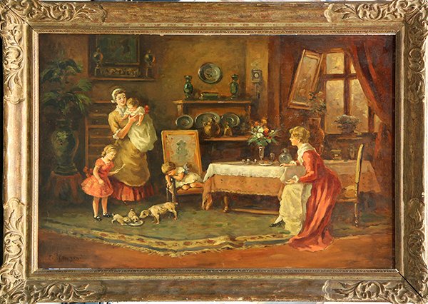 Painting, Continental School (20th century), Family: Continental School (20th century), Family Parlor Scene, oil on board, signed "F. Manzeri" lower left, overall (with frame): 30"h x 42"w