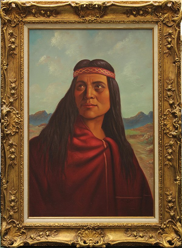 Painting, Fred Duran, Portrait of Indian Maiden: Fred Duran (American, 1943-1997), Indian Maiden, oil on canvas, signed lower right, Jack Palance Collection label verso, overall: 46.25"h x 34.25"w