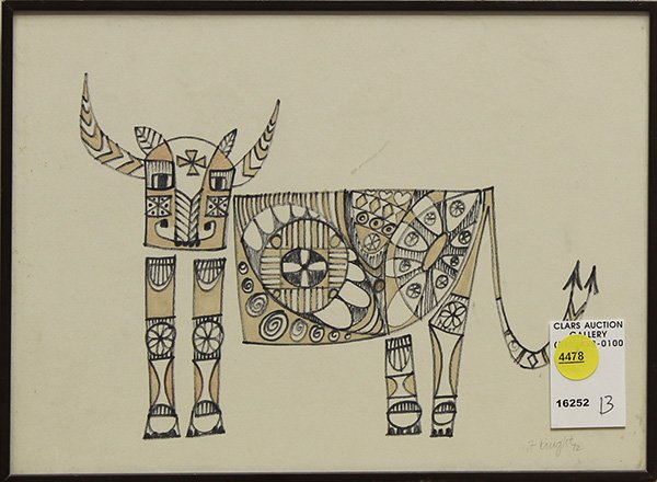 Drawing, Cubist Bull, 1972: American School (20th century), Cubist Bull, 1972, pen and ink, ''F. Knight,'' lower right, overall (with frame): 8''h x 11''w