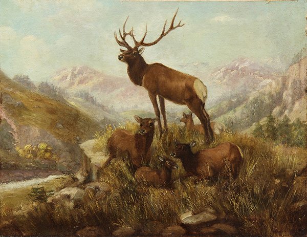 Painting, Continental School (20th century), A Noble: Continental School (20th century), A Noble Stag with Family Overlooking a Lush Valley, oil on masonite, unsigned, board: 20"h x 26"w