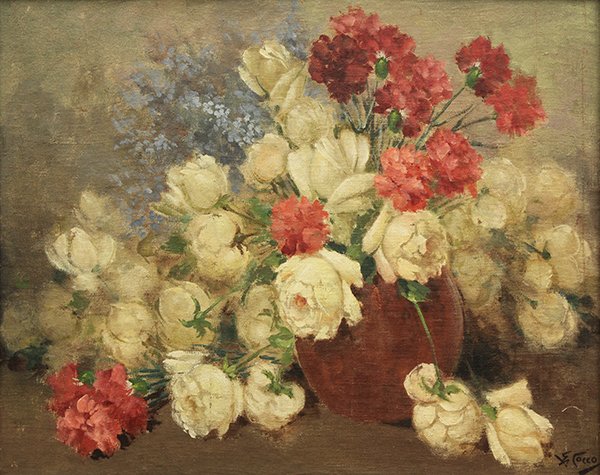 Painting, Giuseppe Alberto Cocco, Still Life with: Giuseppe Alberto Cocco (Italian 1879-1963), Still Life with Flowers, oil on canvas, signed lower right, canvas: "h x 31.5"w, overall (with frame): 28.25"h x 36.25"w