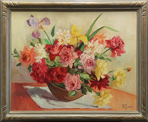 Painting by Louise H Grossett Cunningham: Louise H Grossett Cunningham (American, 1881-1983), Floral Still Life, oil on board, signed lower right, board: 24"h x 30"w, overall (with frame):28.5"h x 35.25"w